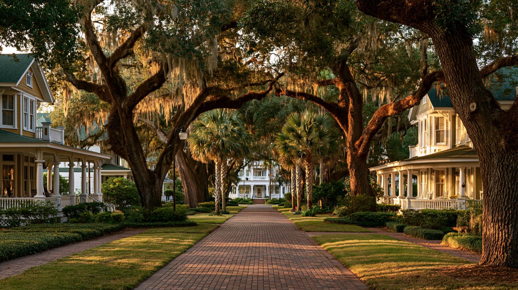 A brick walkway beneath arching live oaks between historic Bartow homes with wide front porches at golden hour