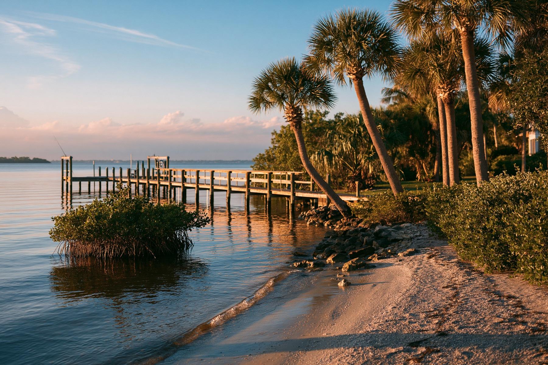A wooden pier and sabal palms along the Manatee River waterfront at golden hour