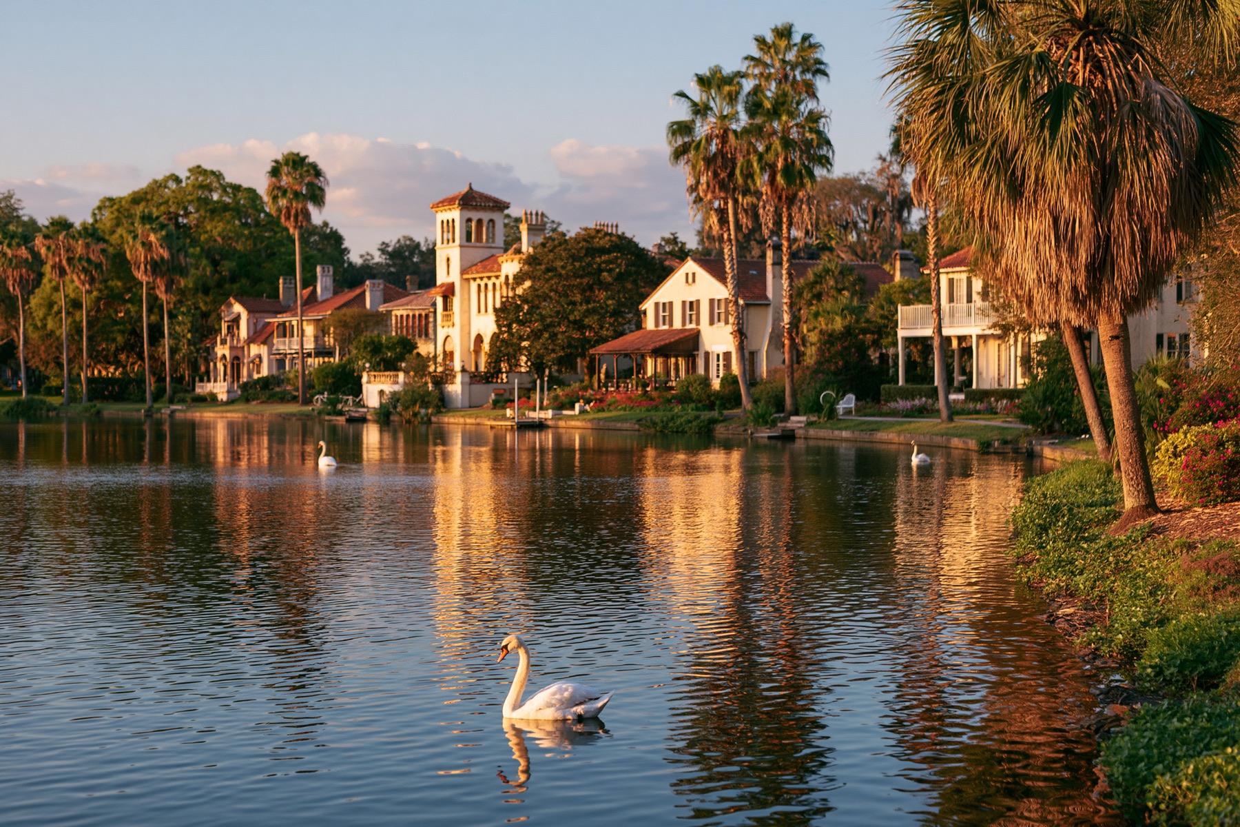 Swans gliding across a calm Lakeland lake at sunset, with historic homes and palms along the shore