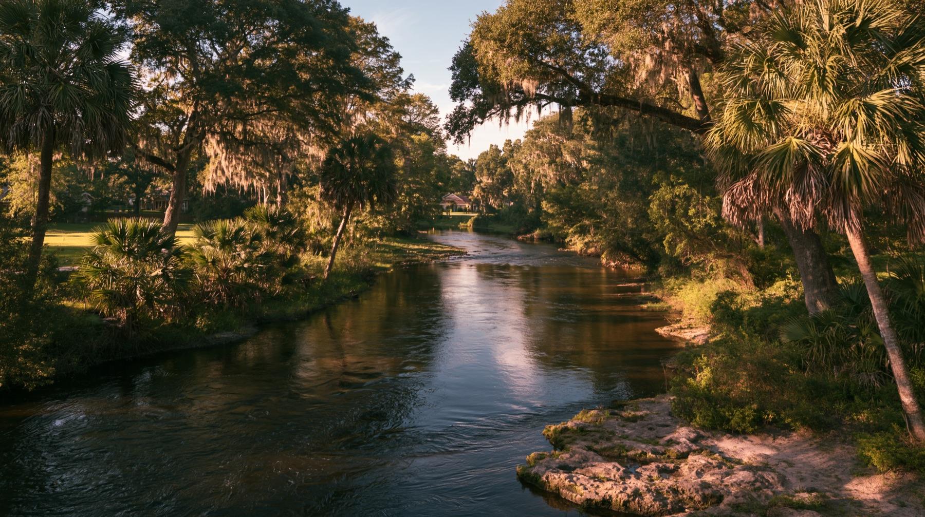 The Alafia River winding beneath mossy oaks and sabal palms in Riverview, Florida at golden hour